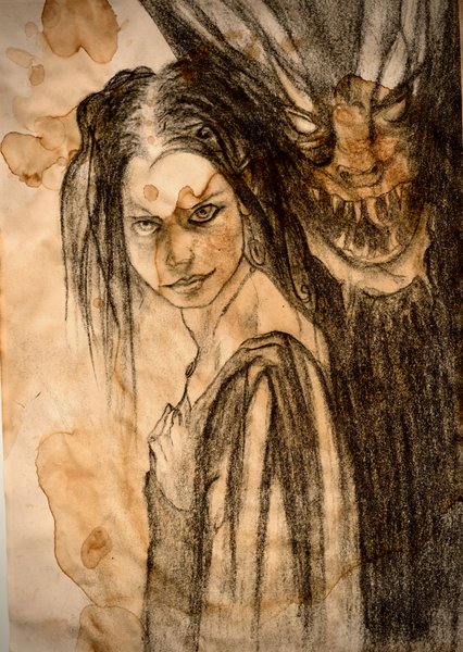 Her Familiar — pencil & tea wash drawing by Tom Lee